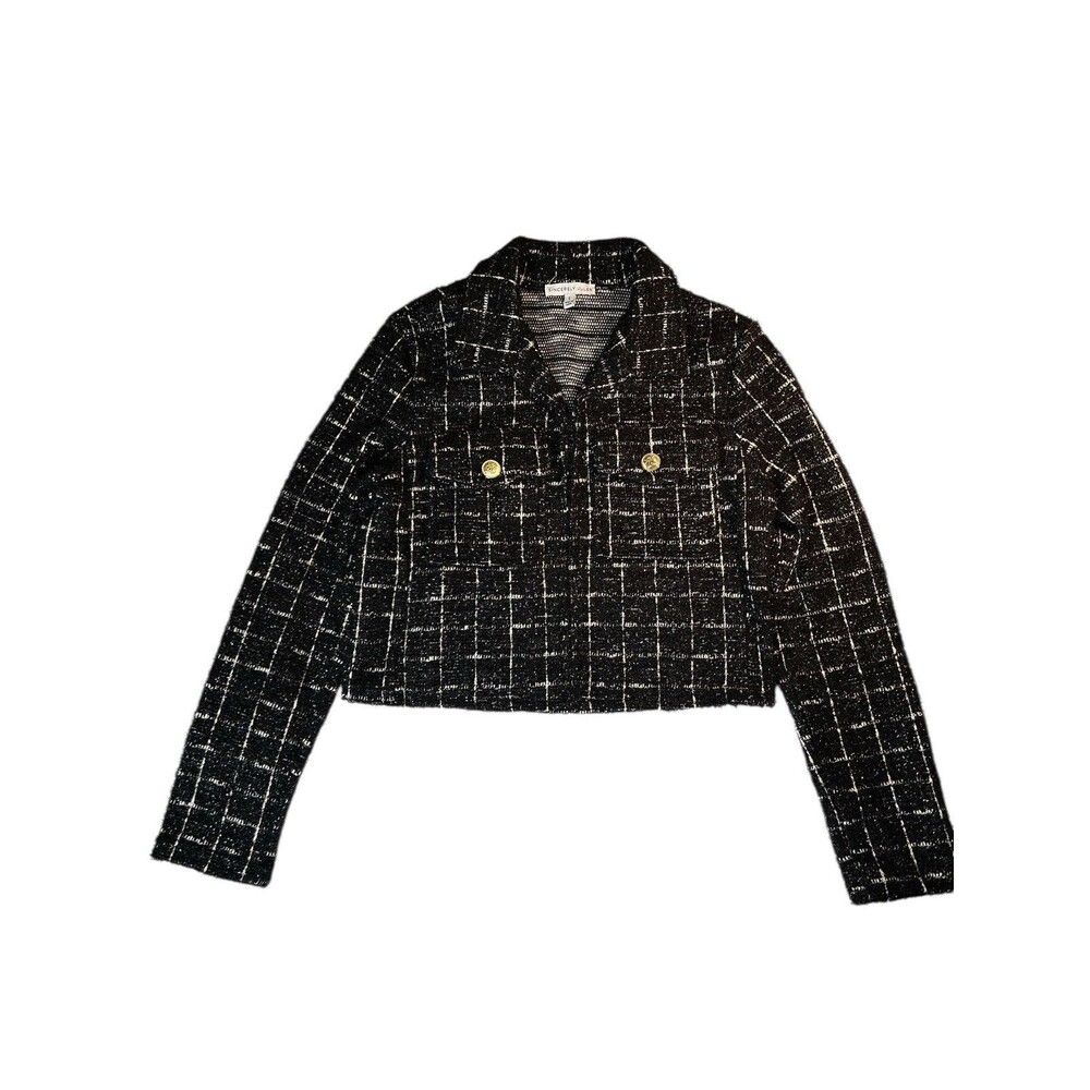 Sincerely Jules Women's Cropped Blazer Large Boucle Black White Check Metallic